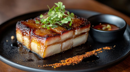 A beautifully plated dish of crispy pork belly, glistening with a drizzle of fish sauce, garnished with fresh herbs and served with a side of spicy dipping sauce.の素材