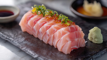 A close-up of a single slice of sashimi, showcasing the marbling and freshness of the fish, elegantly presented with a side of dipping sauce and garnishes.の素材