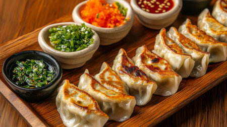 A close-up of gyoza being served with a colorful array of dipping sauces, highlighting the deliciousness and variety of flavors available for this beloved dish.の素材