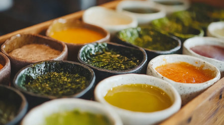 A close-up of crispy seaweed rolls served with a variety of colorful dipping sauces, highlighting the deliciousness and appeal of this beloved snack.の素材