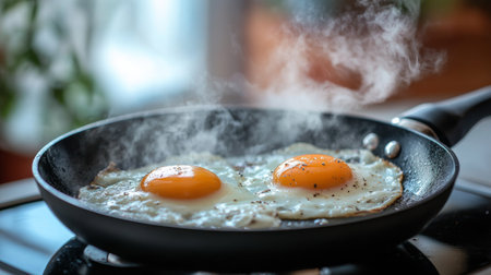 A close-up of a frying pan with two sunny-side-up eggs sizzling in butter, with steam rising, creating a mouthwatering atmosphere in a cozy kitchen.の素材