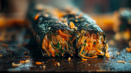 A close-up of a crispy seaweed roll being broken in half, revealing the delicious glass noodles inside, emphasizing the texture and flavors of this popular dish.の素材