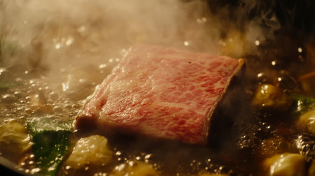 A close-up of a slice of marbled beef cooking in a sukiyaki pot, emphasizing the tenderness and flavor as it simmers in the rich broth with vegetables.の素材