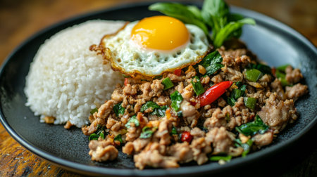 A close-up of a plate of Pad Krapow Moo, featuring stir-fried minced pork with Thai basil, served with a fried egg on top and a side of rice for a hearty meal.の素材