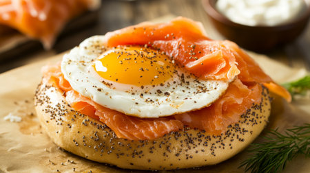 A close-up of a fried egg served on a bagel with cream cheese and smoked salmon, showcasing a gourmet breakfast option with rich textures and flavors.の素材