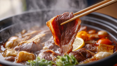 A close-up of a pair of chopsticks lifting a piece of tender beef from the simmering sukiyaki pot, showcasing the rich broth and delicious ingredients.の素材