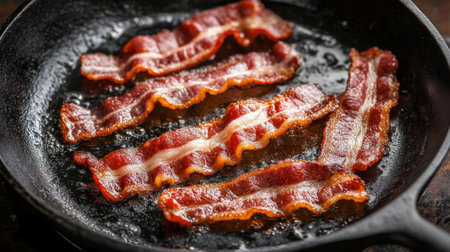 Bacon strips frying in a hot cast iron pan, with grease bubbling and the strips turning crispy, ready for serving.の素材