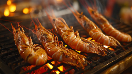 Close-up shot of large grilled prawns with crispy shells on a traditional Thai charcoal grill, glowing embers visible underneath.の素材