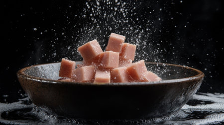 Bacon strips cooking in a pan, with grease bubbling and the marbled fat turning crispy and brown, ready to be served.の素材