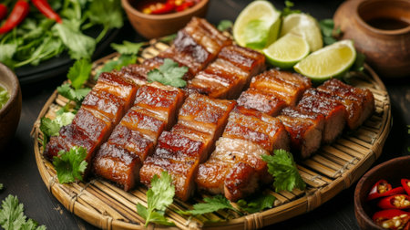 Crispy fried pork belly drizzled with fish sauce, served on a bamboo mat alongside fresh lime wedges and red chili peppers.の素材