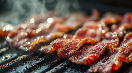 Bacon strips sizzling on a flat top grill, with detailed focus on the grease bubbling and the edges turning crispy and golden.の素材