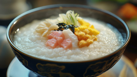 A vibrant shot of rice porridge presented in a traditional bowl, garnished with colorful toppings like crispy fish and vegetables, creating an enticing meal.の素材
