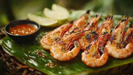 Grilled prawns placed atop a banana leaf with a side of dipping sauce, giving off a fresh and authentic Thai street food feel.の素材