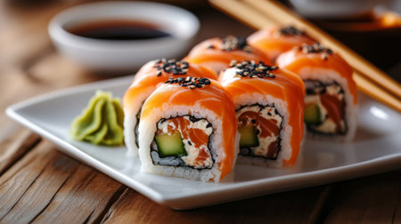Elegant sushi rolls with salmon, avocado, and cucumber, set on a minimalist white plate with soy sauce, wasabi, and chopsticks in the background.の素材