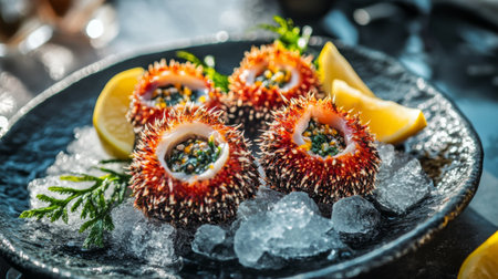 Fresh sea urchin presented in its natural shell, placed on a bed of ice with lemon wedges and seaweed for a refined seafood aesthetic.の素材