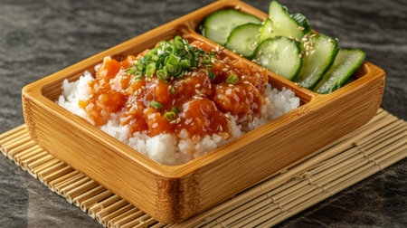 Uni beautifully displayed in a bento box with compartments for rice, pickled vegetables, and a garnish of thinly sliced cucumber, set on a bamboo mat.の素材