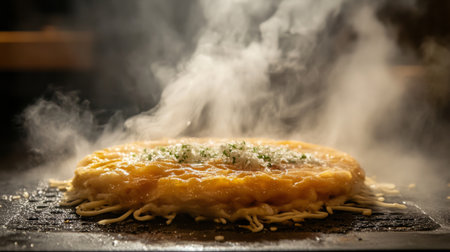 An artistic shot of a sizzling okonomiyaki on a griddle, with steam rising and the delicious aroma of ingredients filling the air, capturing the cooking process.の素材