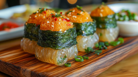 An artistic shot of crispy seaweed-wrapped glass noodles garnished with chili flakes and served on a wooden board, creating a colorful and appetizing presentation.の素材