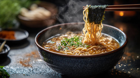 An artistic shot of ramen noodles swirling in a rich broth, garnished with seaweed and sesame seeds, presented in a traditional ceramic bowl.の素材