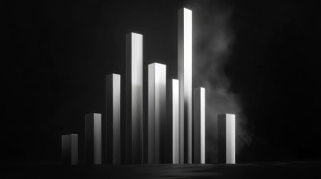 An abstract D financial bar graph with stylized bars of varying heights, set against a dark background with digital effects, representing innovative financial analysis.の素材