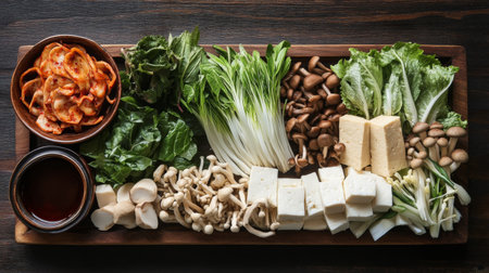 An artistic arrangement of sukiyaki ingredients, including fresh greens, mushrooms, and tofu, beautifully displayed on a wooden board with a rustic background.の素材