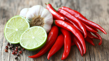 An artistic arrangement of the ingredients for chili dip, including fresh chilies, garlic, and lime, beautifully displayed on a rustic wooden table for an appetizing look.の素材