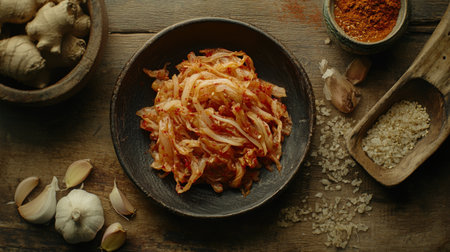 An artistic arrangement of kimchi ingredients, including chili powder, garlic, and ginger, beautifully displayed on a rustic wooden surface for a traditional touch.の素材