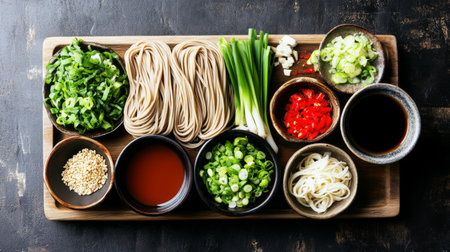 An artistic arrangement of fresh soba noodles, accompanied by dipping sauces and garnishes like scallions and wasabi, displayed on a rustic wooden board.の素材