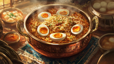 An artistic presentation of biryani served in a copper pot, with fragrant rice layered with spices and garnished with fried onions and boiled eggs.の素材