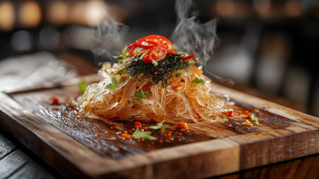 An artistic shot of crispy seaweed-wrapped glass noodles garnished with chili flakes and served on a wooden board, creating a colorful and appetizing presentation.の素材