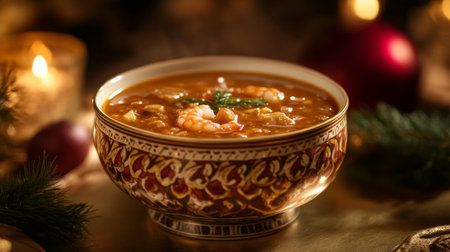 An elegant presentation of hot and sour shrimp soup in a traditional bowl, with fresh ingredients artfully arranged around it, creating a warm atmosphere.の素材