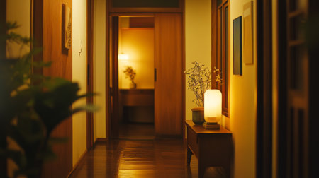 An inviting hallway in a minimalist home, featuring simple decor, natural wood accents, and soft lighting that creates a warm and welcoming atmosphere.の素材