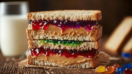 A close-up of a peanut butter and jelly sandwich with colorful jelly oozing out, served on a wooden table with a glass of milk in the background.の素材