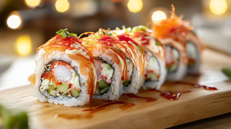A close-up of a crispy seaweed roll stuffed with translucent glass noodles, showcasing the intricate texture and vibrant colors, served on a wooden platter for an appealing look.の素材