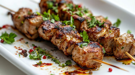 An artistic layout of marinated skewers arranged neatly on a white plate, with fresh herbs and spices sprinkled around for a gourmet touch.の素材