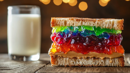 A close-up of a peanut butter and jelly sandwich with colorful jelly oozing out, served on a wooden table with a glass of milk in the background.の素材