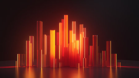 An interactive-looking D bar graph with pulsating bars, symbolizing changing financial trends, set against a sleek background for a futuristic feel.の素材