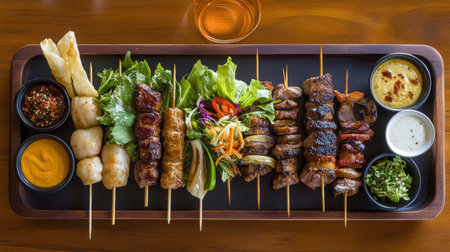 A beautifully arranged barbecue platter featuring assorted skewers of meat, served with fresh salads and dipping sauces on a rustic wooden table.の素材