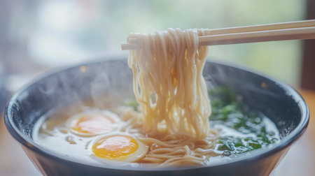 A close-up of a pair of chopsticks lifting a bundle of soba noodles from a bowl, showcasing their texture and the delicious broth, inviting a tasty experience.の素材