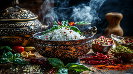 An artistic shot of white rice presented in a polished bowl, with steam gently rising and colorful ingredients surrounding it for a vibrant culinary scene.の素材