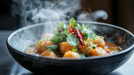 A beautifully arranged serving of tom yum goong in a stylish bowl, with steam rising and garnished with fresh cilantro and red chili for a mouthwatering effect.の素材