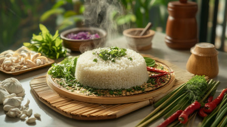 An elegant arrangement of steaming rice on a bamboo mat, surrounded by fresh ingredients and herbs for a colorful and inviting atmosphere.の素材