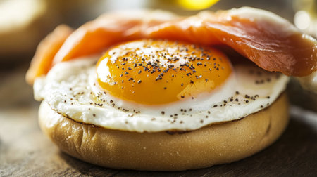 A close-up of a fried egg served on a bagel with cream cheese and smoked salmon, showcasing a gourmet breakfast option with rich textures and flavors.の素材