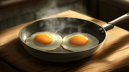 A close-up of a frying pan with two sunny-side-up eggs sizzling in butter, with steam rising, creating a mouthwatering atmosphere in a cozy kitchen.の素材