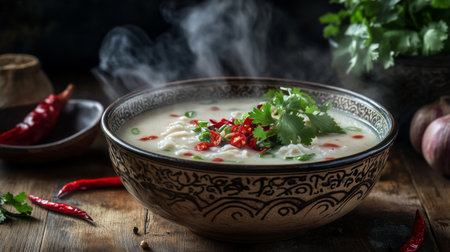 A beautifully arranged serving of tom yum goong in a stylish bowl, with steam rising and garnished with fresh cilantro and red chili for a mouthwatering effect.の素材