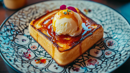 An artistic arrangement of honey toast served on a patterned plate, with a scoop of ice cream melting on top and a drizzle of honey for a delicious contrast.の素材