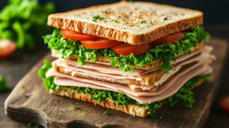 A close-up of a freshly made sandwich stacked high with layers of turkey, lettuce, tomatoes, and cheese, served on a rustic wooden cutting board.の素材