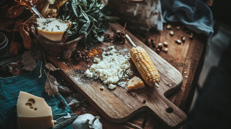 An artistic arrangement of ingredients for hot cheese corn, including fresh corn, cheese, and spices, beautifully displayed on a rustic wooden board.の素材