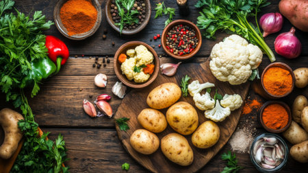 An artistic arrangement of the ingredients for aloo gobi, including potatoes, cauliflower, and a variety of spices, beautifully displayed on a rustic wooden board.の素材