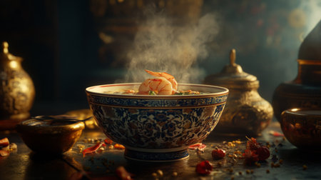 An elegant presentation of hot and sour shrimp soup in a traditional bowl, with fresh ingredients artfully arranged around it, creating a warm atmosphere.の素材